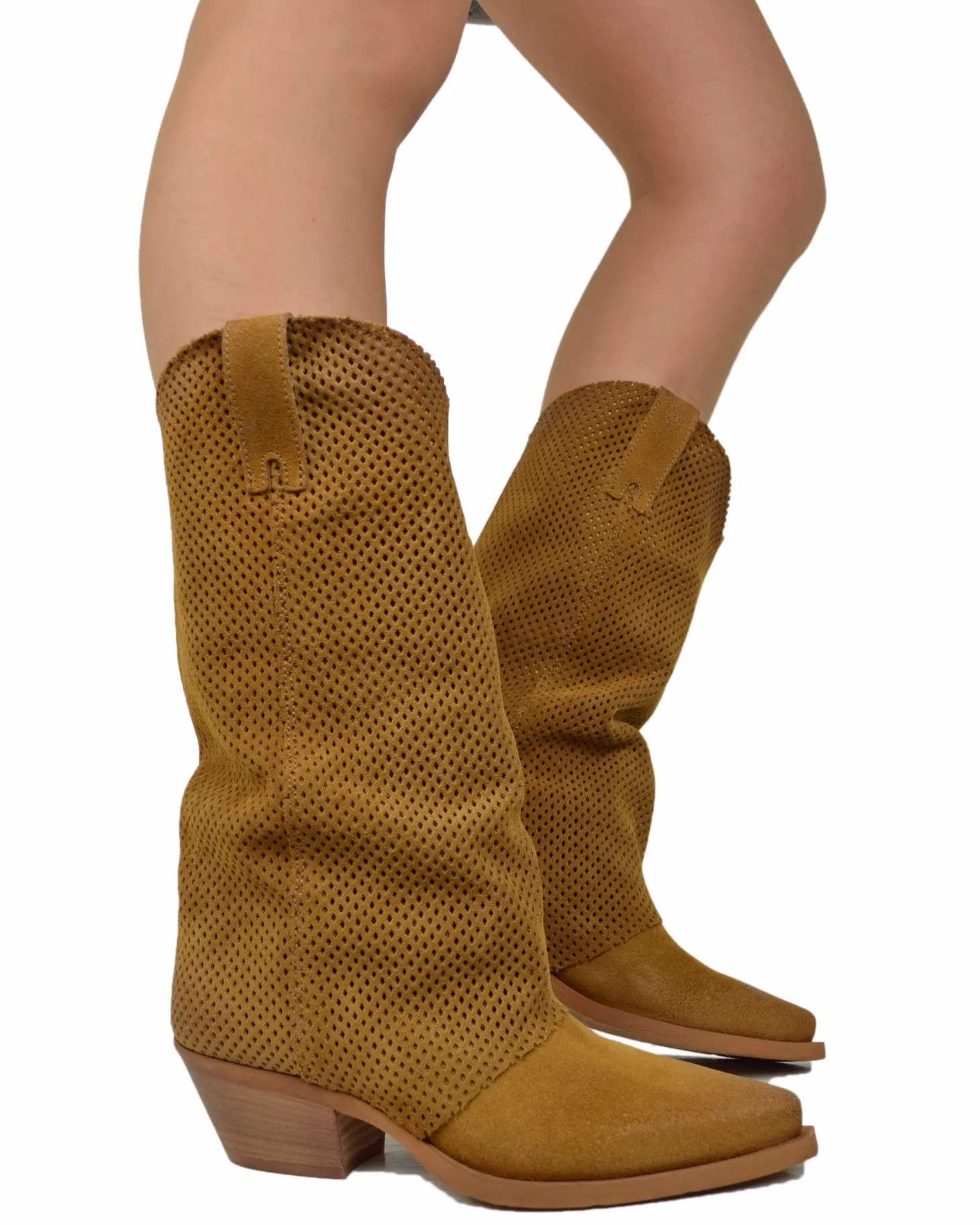 Western Boots with Perforated Gaiter, Low Heel, and Dove Gray Suede