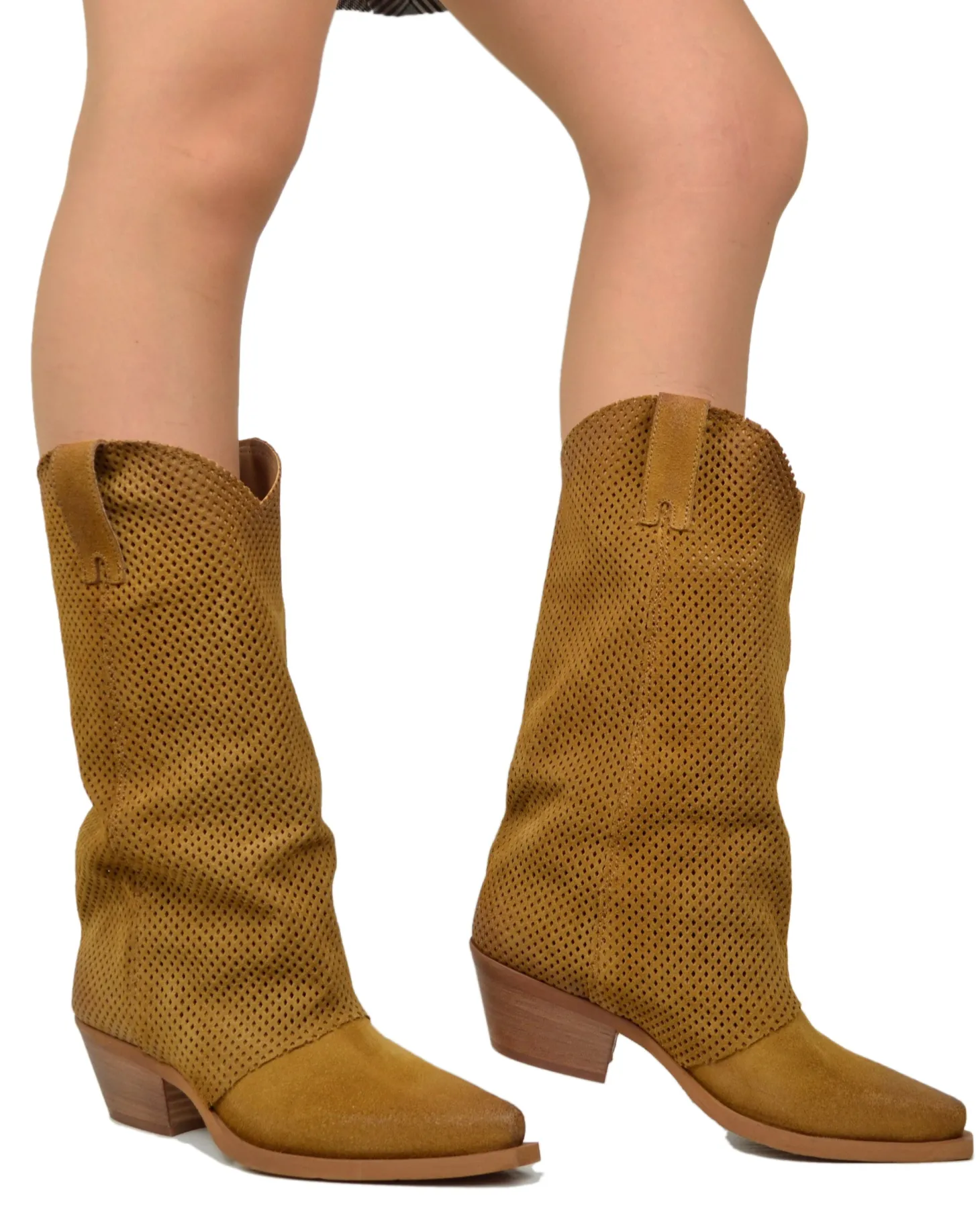 Western Boots with Perforated Gaiter, Low Heel, and Dove Gray Suede