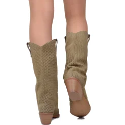Western Boots with Perforated Gaiter, Low Heel, and Dove Gray Suede