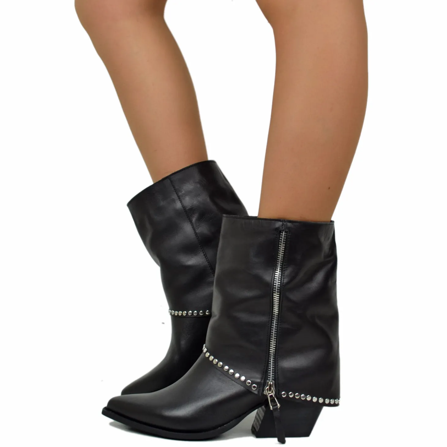Western Boots with Studded Gaiter, Ankle Zip, Genuine Leather, Handcra