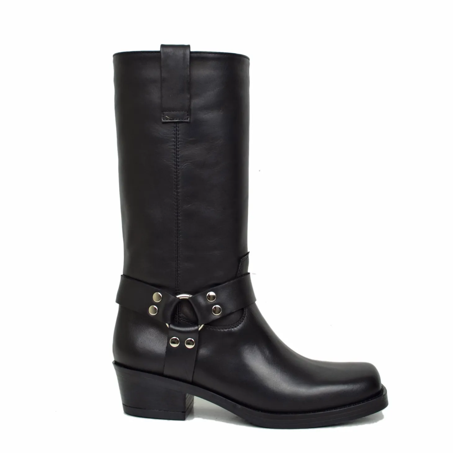 Western Square Toe Boots 5cm Heel Genuine Leather Studded Black