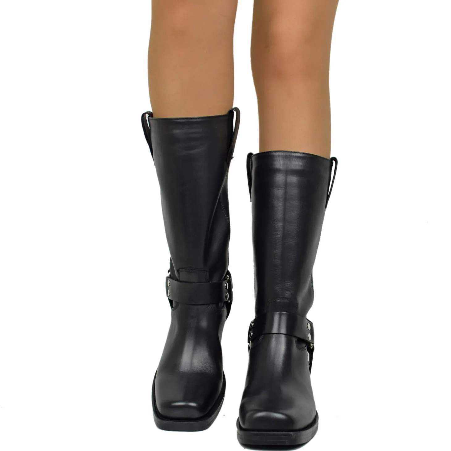 Western Square Toe Boots 5cm Heel Genuine Leather Studded Black