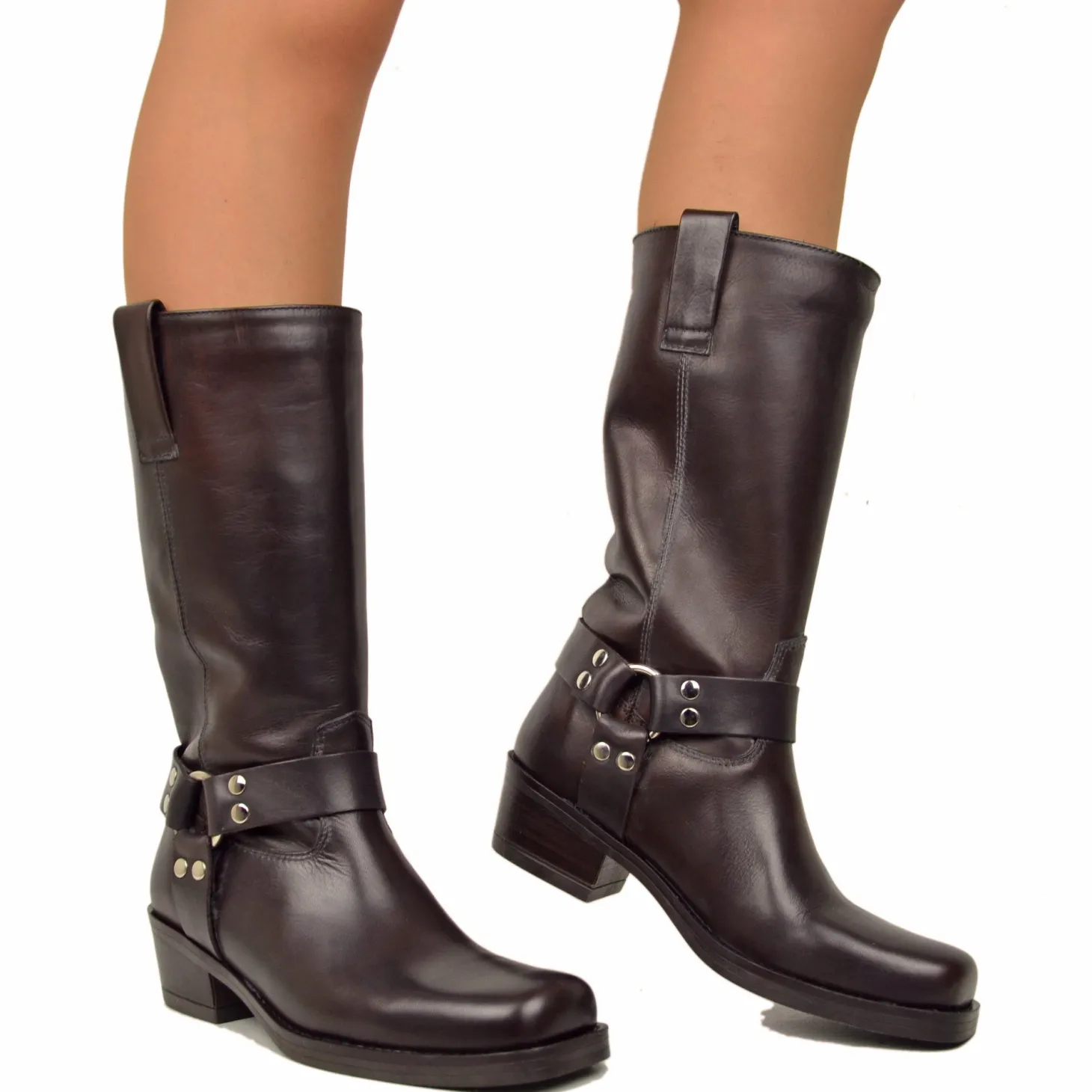 Western Square Toe Boots 5cm Heel Genuine Leather Studded Black