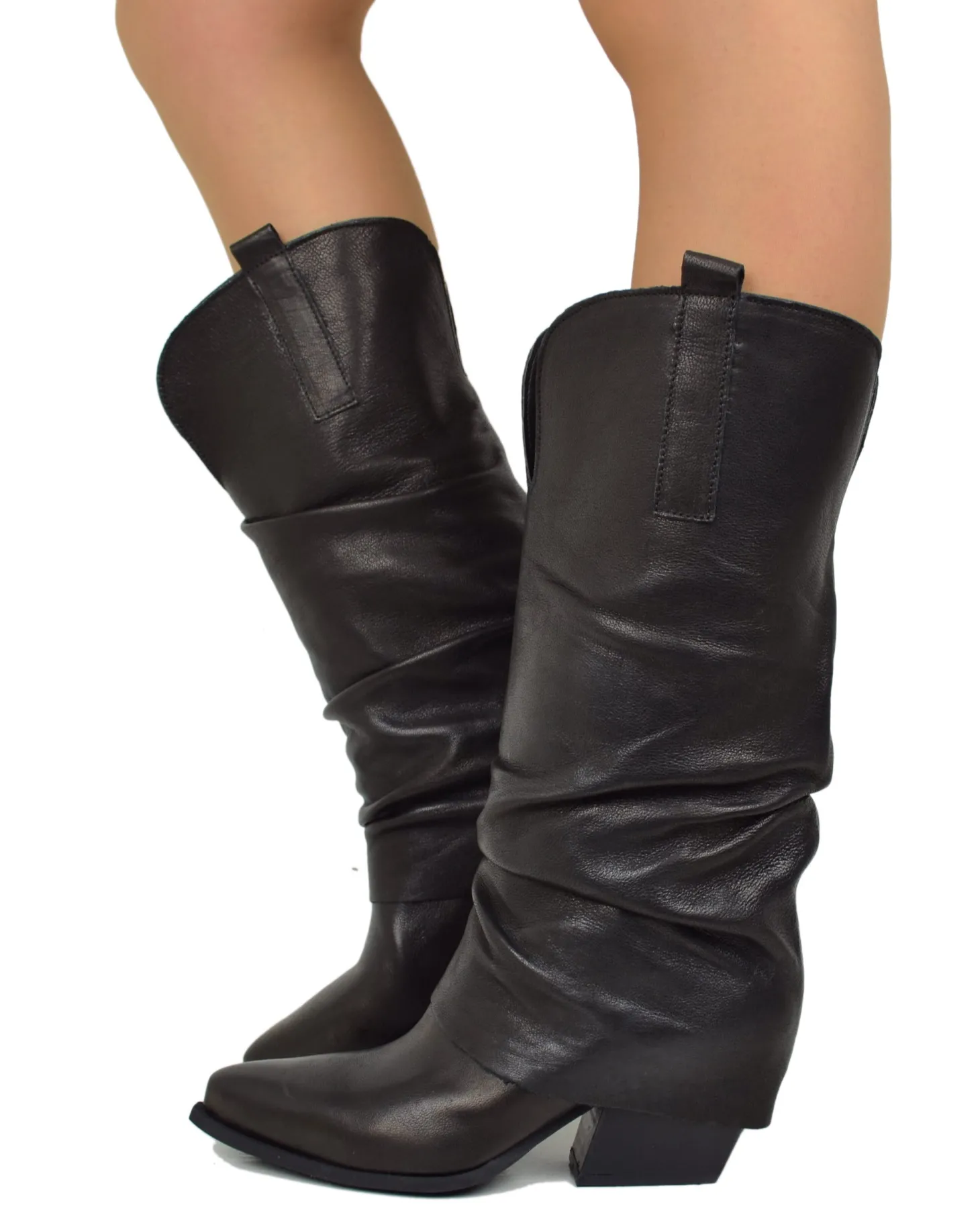 Wide Calf Leather Cowboy Boots with Soft Shaft – 7 cm Heel – Black