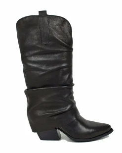 Wide Calf Leather Cowboy Boots with Soft Shaft – 7 cm Heel – Black