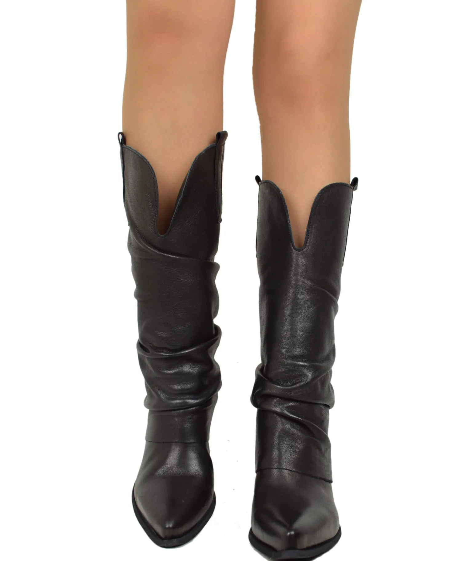 Wide Calf Leather Cowboy Boots with Soft Shaft – 7 cm Heel – Black