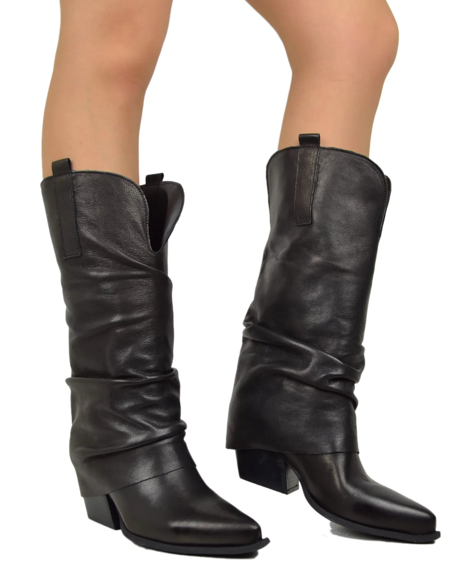 Wide Calf Leather Cowboy Boots with Soft Shaft – 7 cm Heel – Black