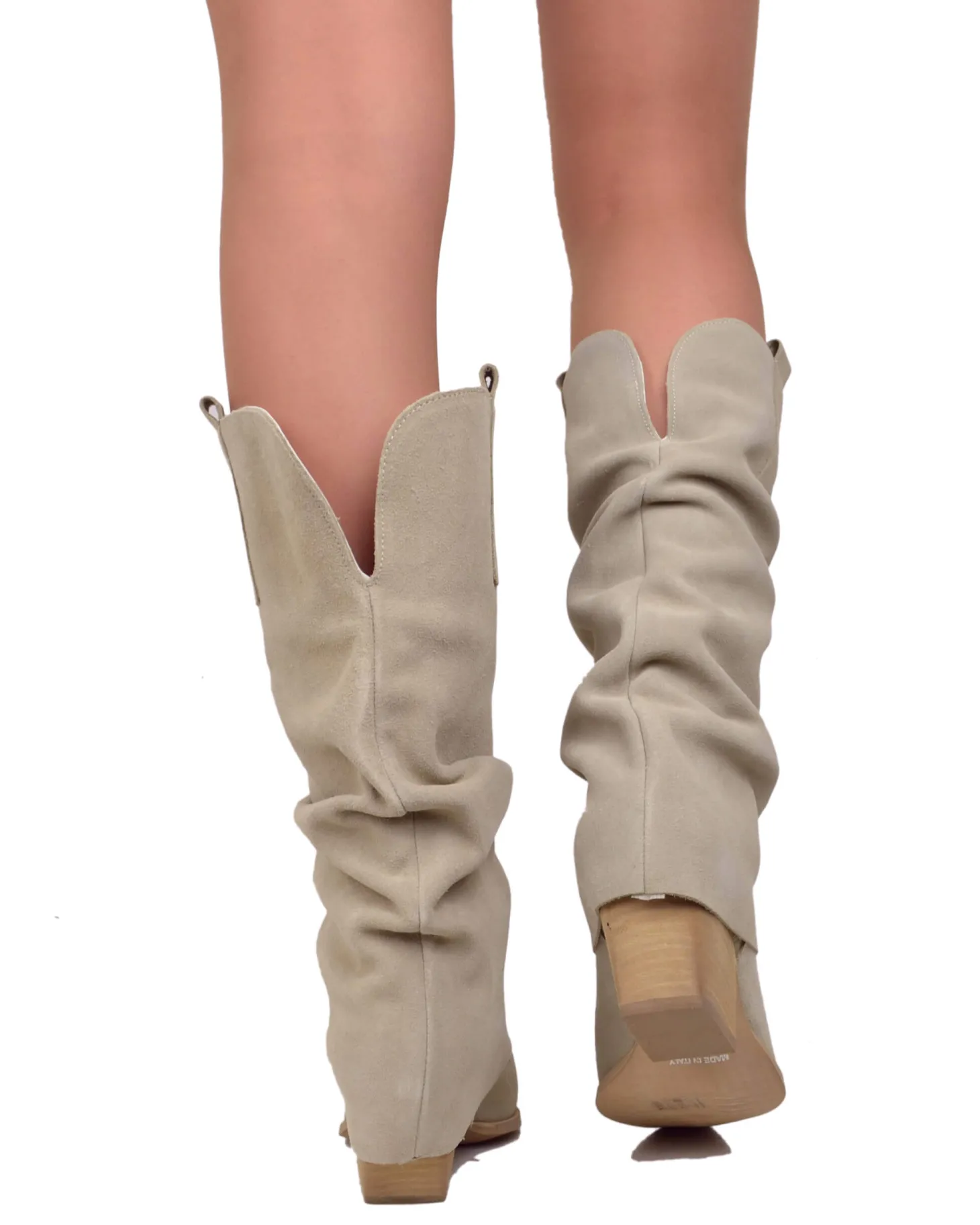 Wide Calf Suede Cowboy Boots with Soft Shaft – 7 cm Heel – Beige