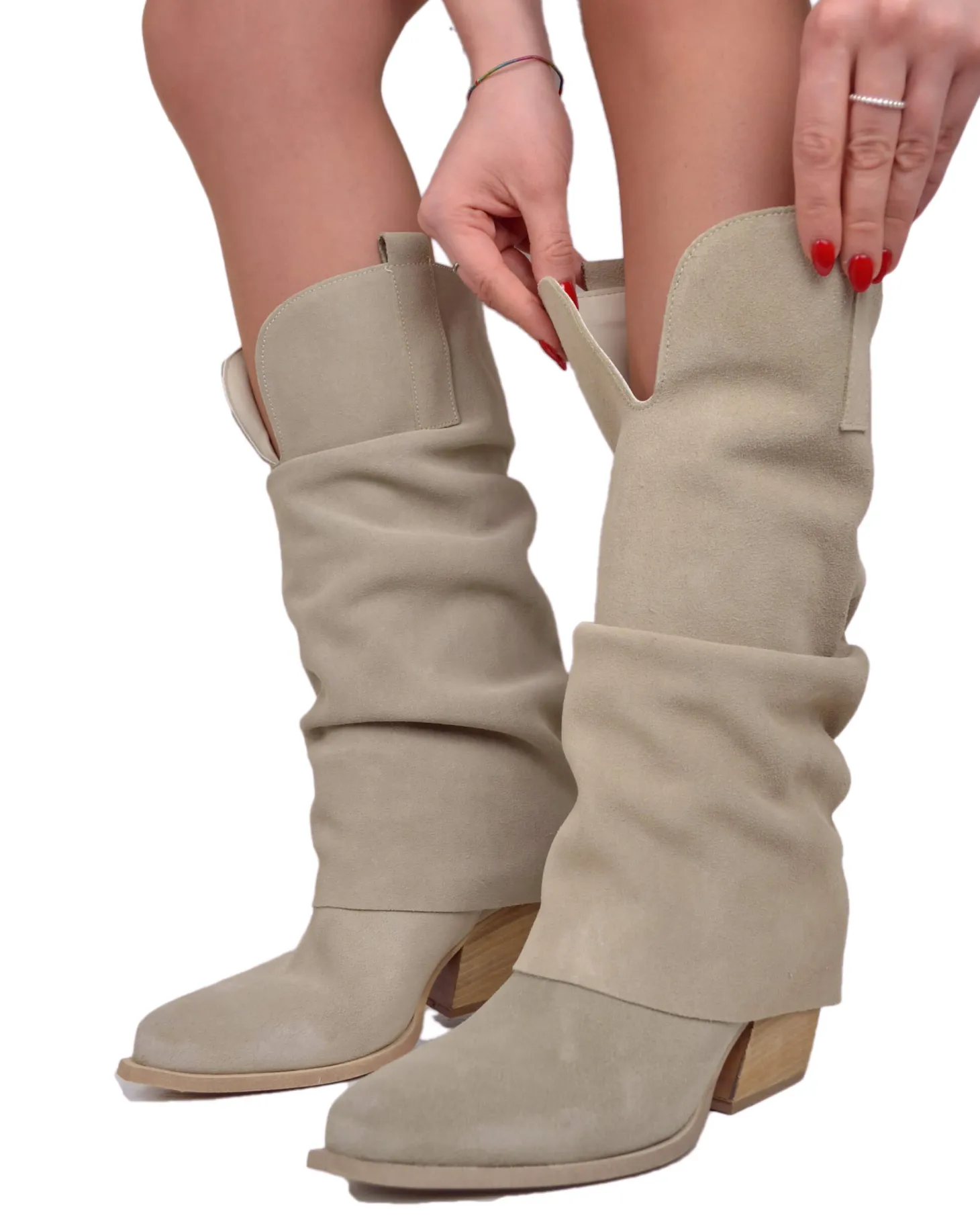 Wide Calf Suede Cowboy Boots with Soft Shaft – 7 cm Heel – Beige