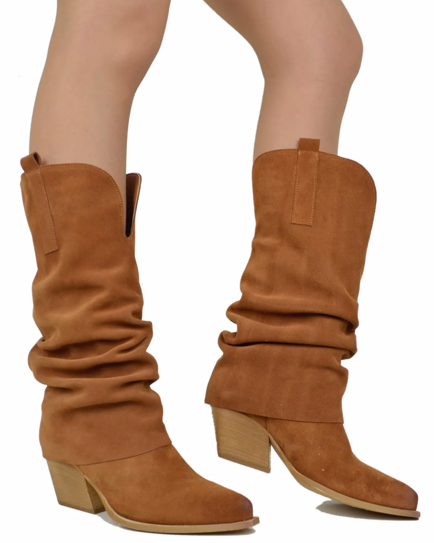 Wide Calf Suede Cowboy Boots with Soft Shaft – 7 cm Heel – Tan