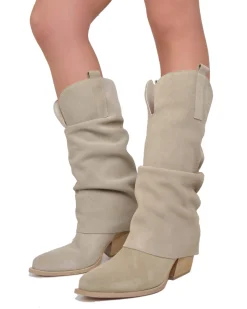 Wide Calf Suede Cowboy Boots with Soft Shaft – 7 cm Heel – Beige