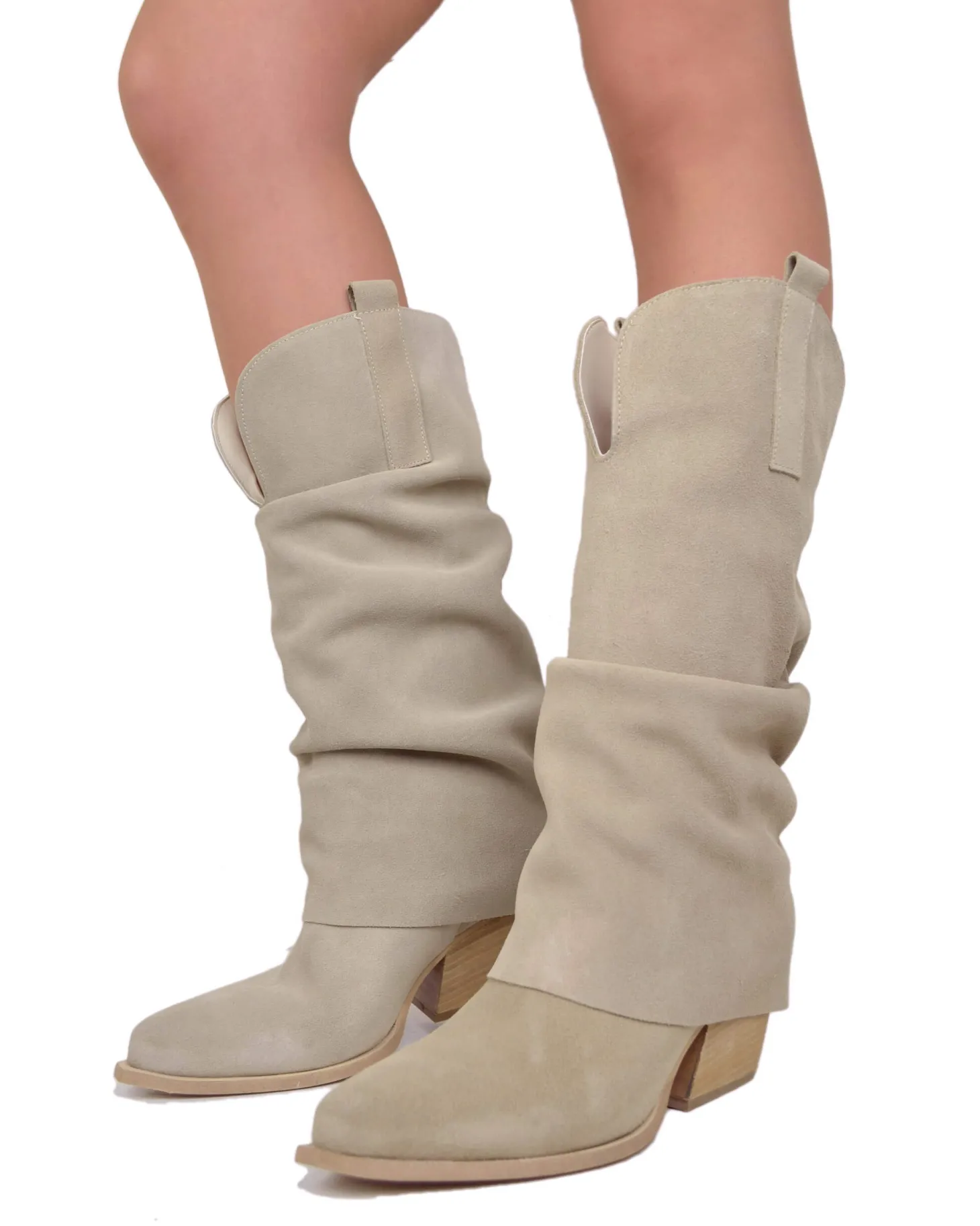 Wide Calf Suede Cowboy Boots with Soft Shaft – 7 cm Heel – Beige