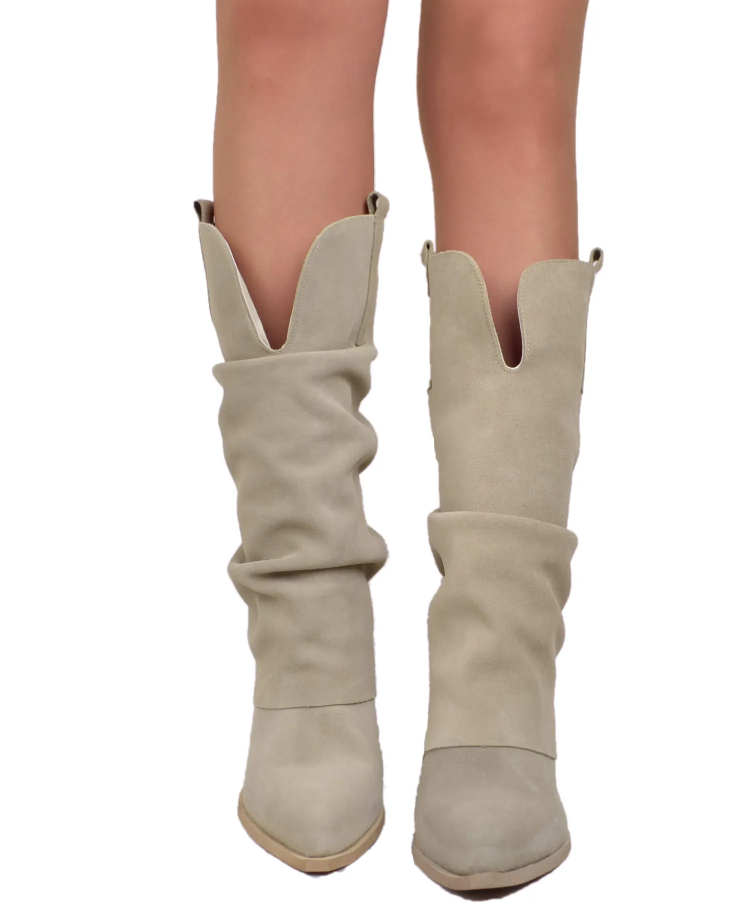Wide Calf Suede Cowboy Boots with Soft Shaft – 7 cm Heel – Beige