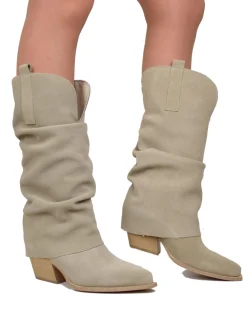 Wide Calf Suede Cowboy Boots with Soft Shaft – 7 cm Heel – Beige