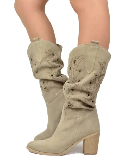Wide Shaft Perforated Suede Boots – Floral Laser Cut, Beige