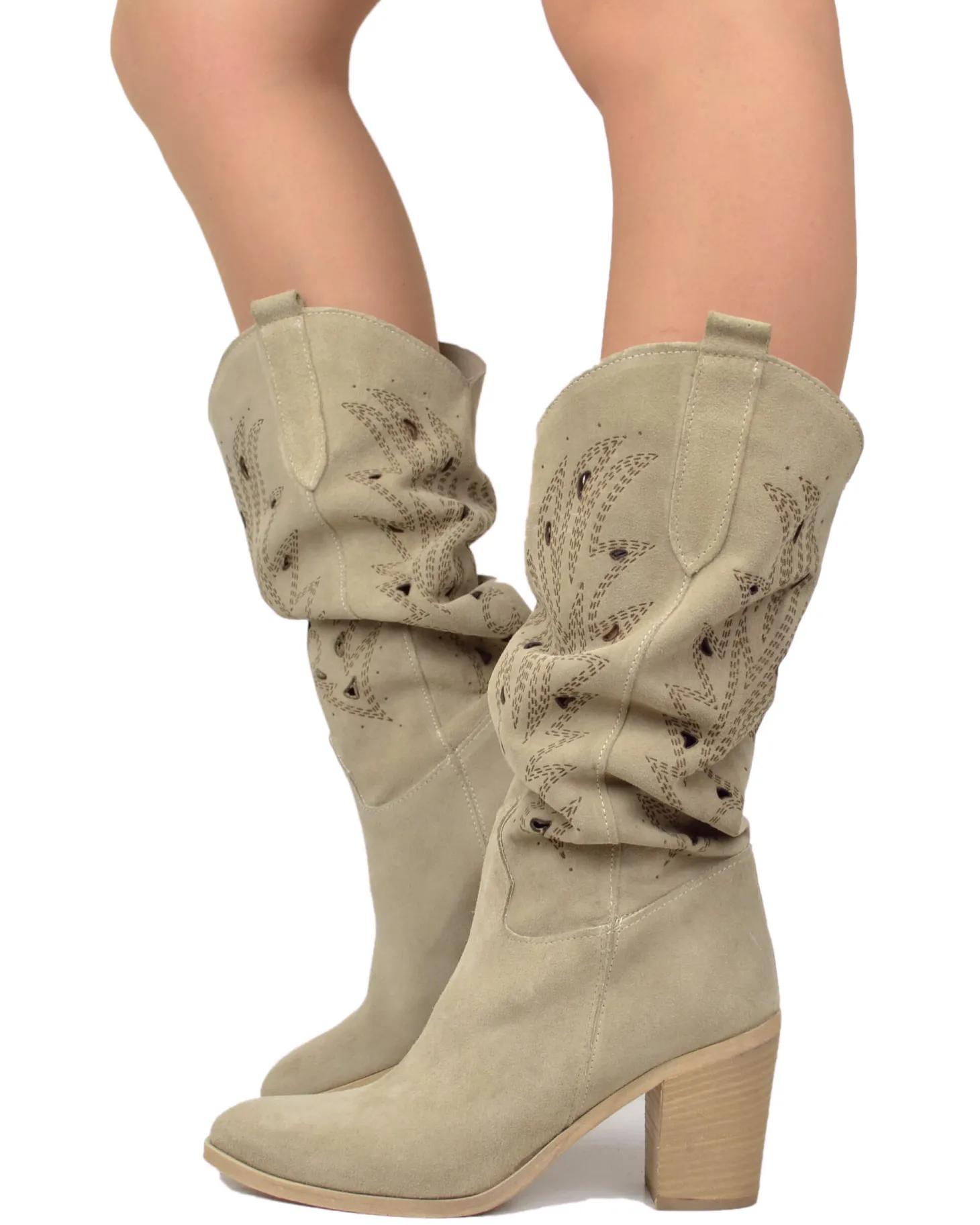 Wide Shaft Perforated Suede Boots – Floral Laser Cut, Beige