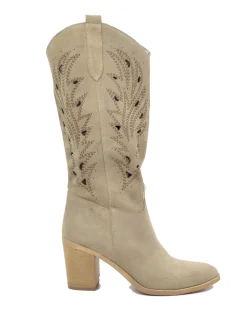 Wide Shaft Perforated Suede Boots – Floral Laser Cut, Beige