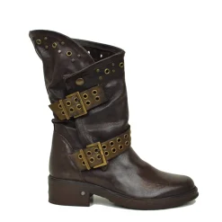 Women's Black Leather Biker Boots with Studs and Buckles Made in Italy