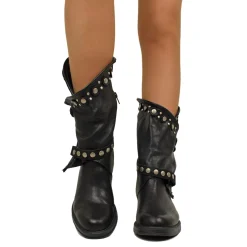 Women's Black Leather Biker Boots with Studs and Zip Made in Italy