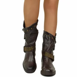 Women's Black Leather Biker Boots with Studs and Buckles Made in Italy