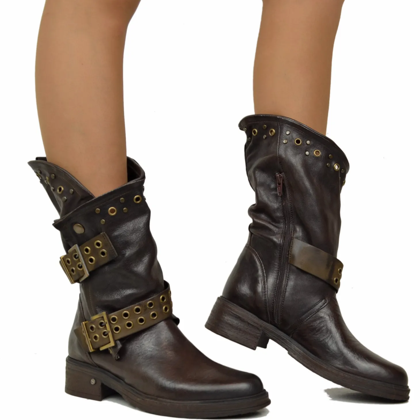Women's Black Leather Biker Boots with Studs and Buckles Made in Italy