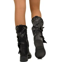 Women's Black Leather Biker Boots with Studs and Zip Made in Italy