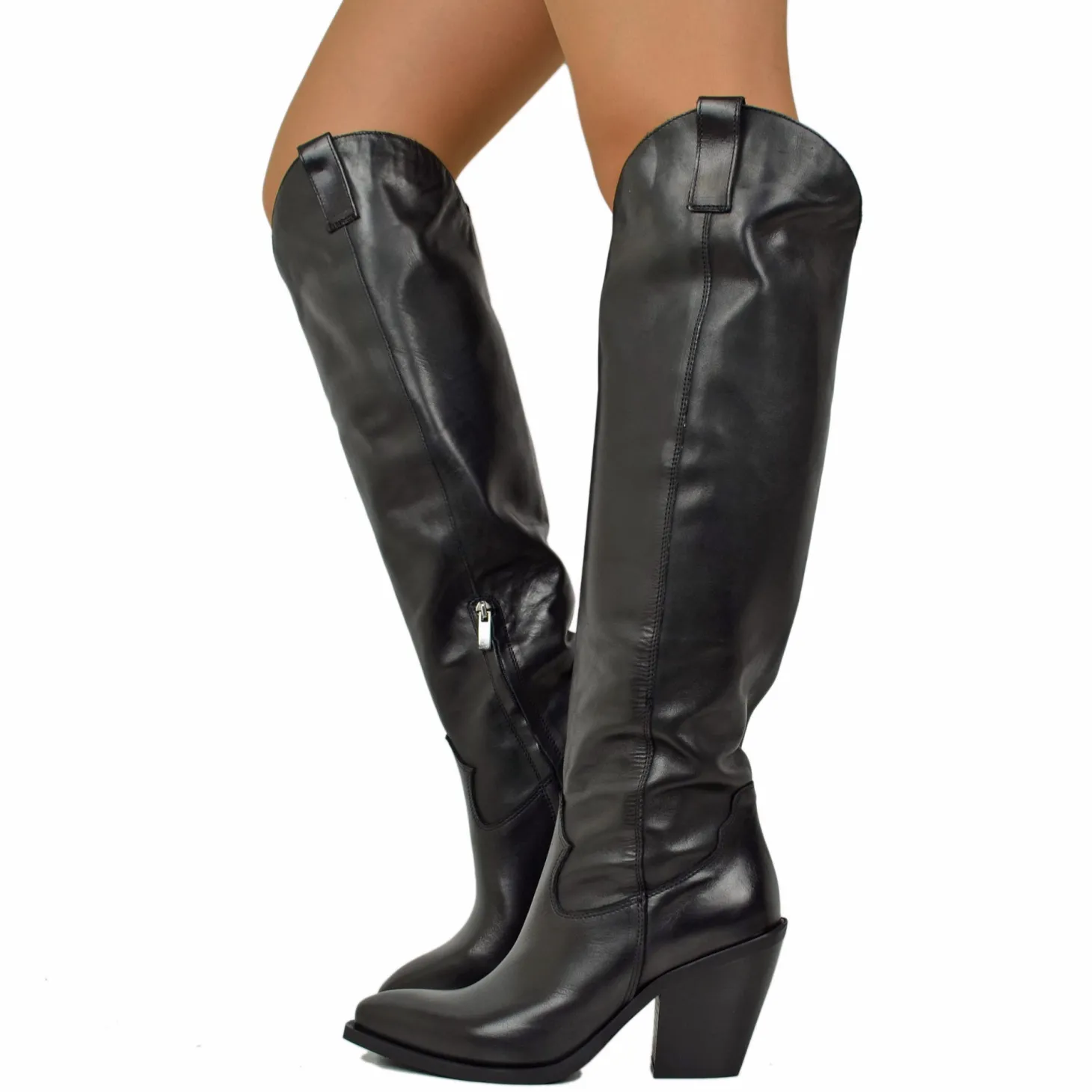 Women's Black Smooth Knee-High Texan Boots 9cm High Heel in Leather