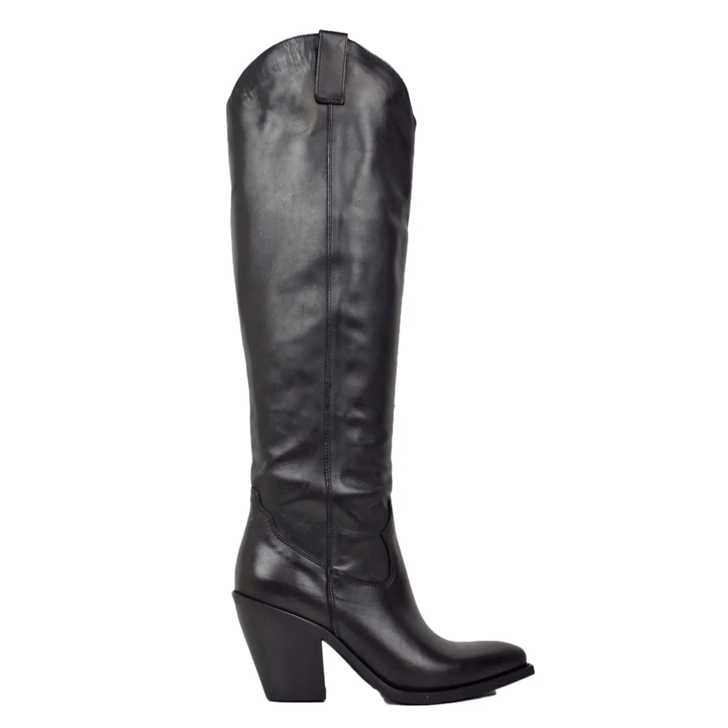 Women's Black Smooth Knee-High Texan Boots 9cm High Heel in Leather