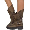 Women's Brown Biker Boots with Buckles and Side Zip Made in Italy