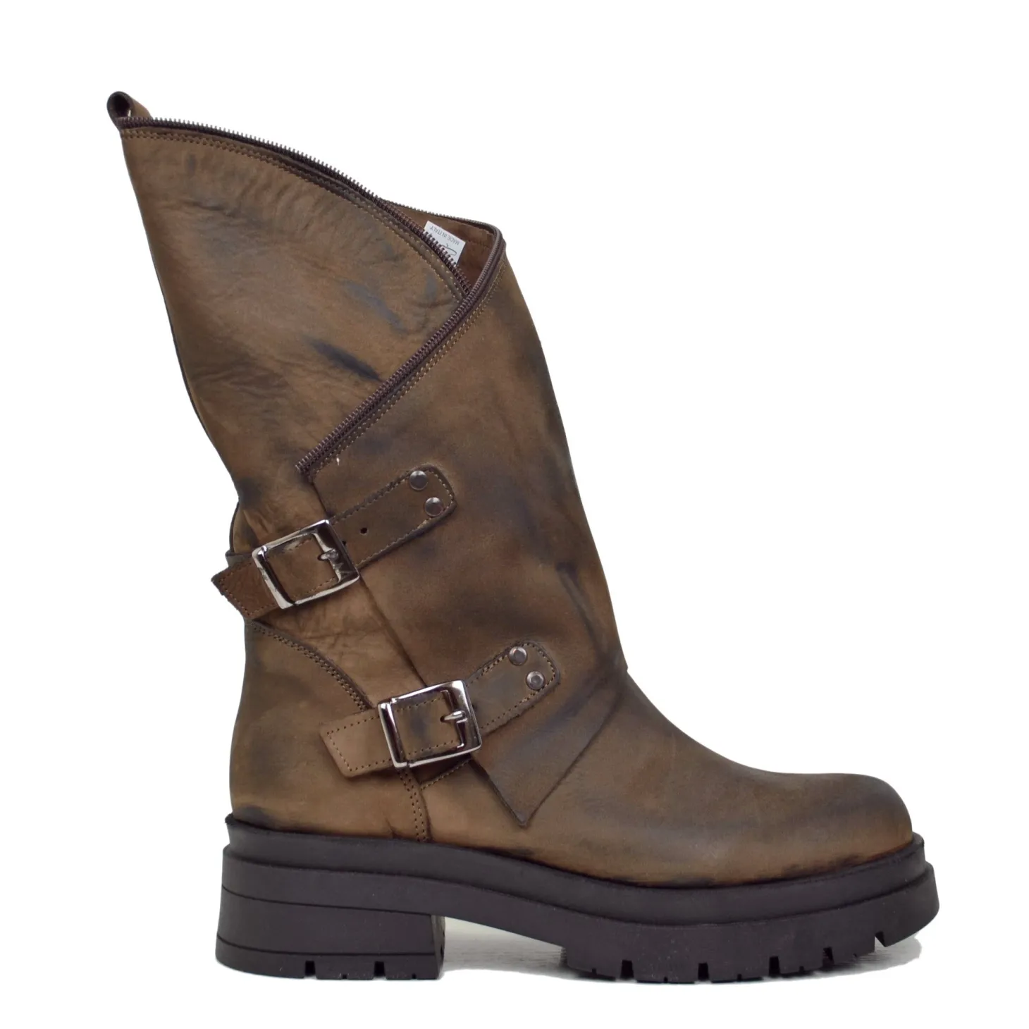 Women's Brown Biker Boots with Buckles and Side Zip Made in Italy