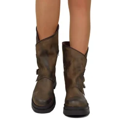 Women's Brown Biker Boots with Buckles and Side Zip Made in Italy