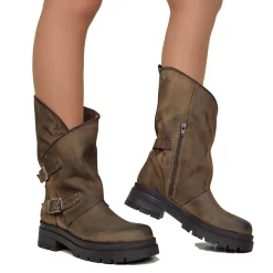 Women's Brown Biker Boots with Buckles and Side Zip Made in Italy