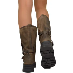 Women's Brown Biker Boots with Buckles and Side Zip Made in Italy