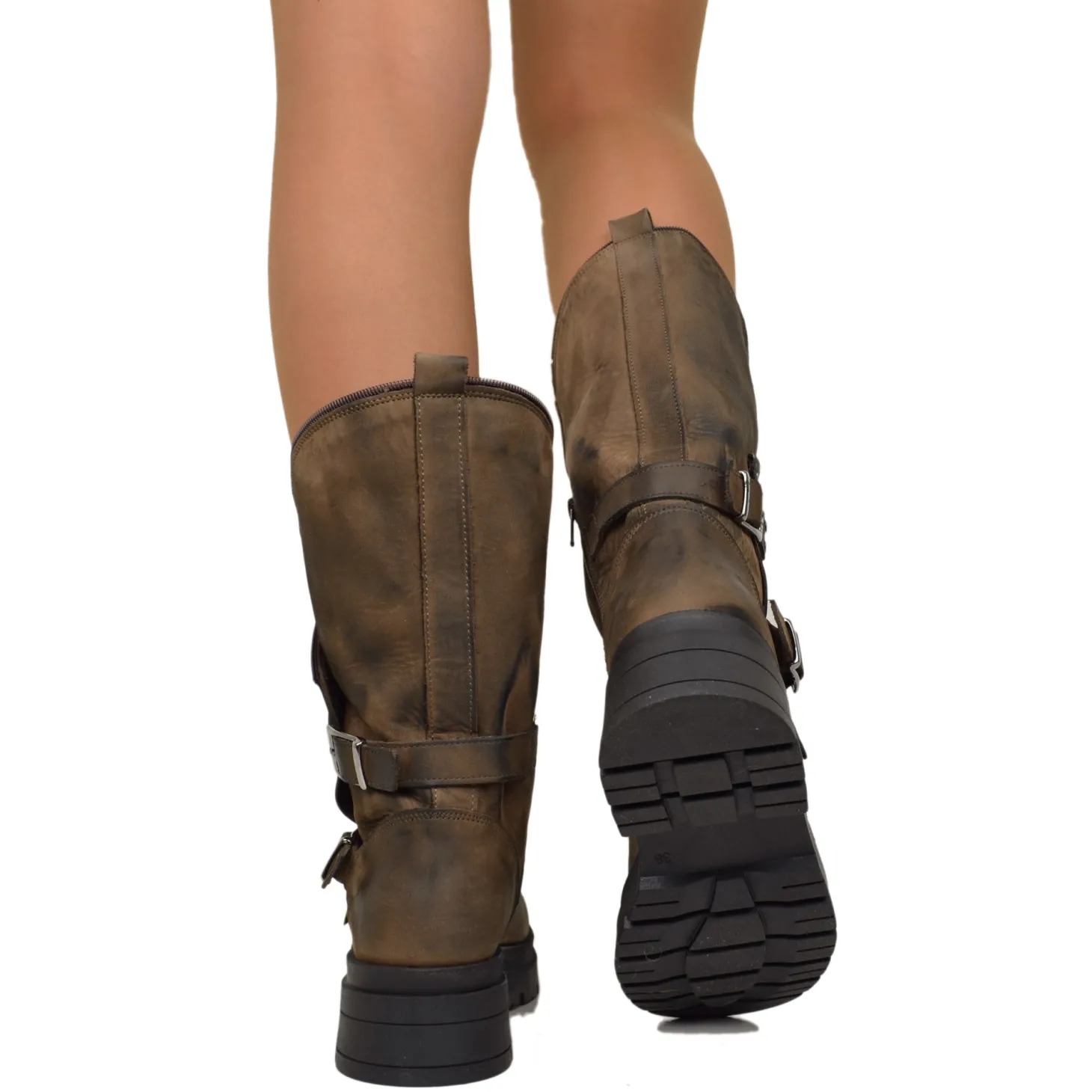 Women's Brown Biker Boots with Buckles and Side Zip Made in Italy