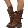 Women's Brown Leather Biker Boots with Studs and Zip Made in Italy