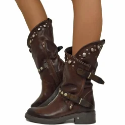Women's Brown Leather Biker Boots with Studs and Zip Made in Italy