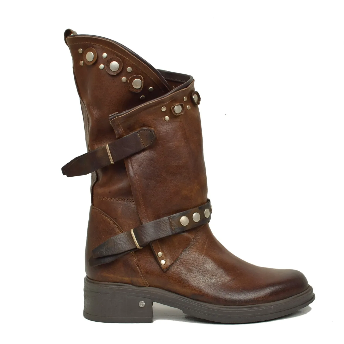 Women's Brown Leather Biker Boots with Studs and Zip Made in Italy