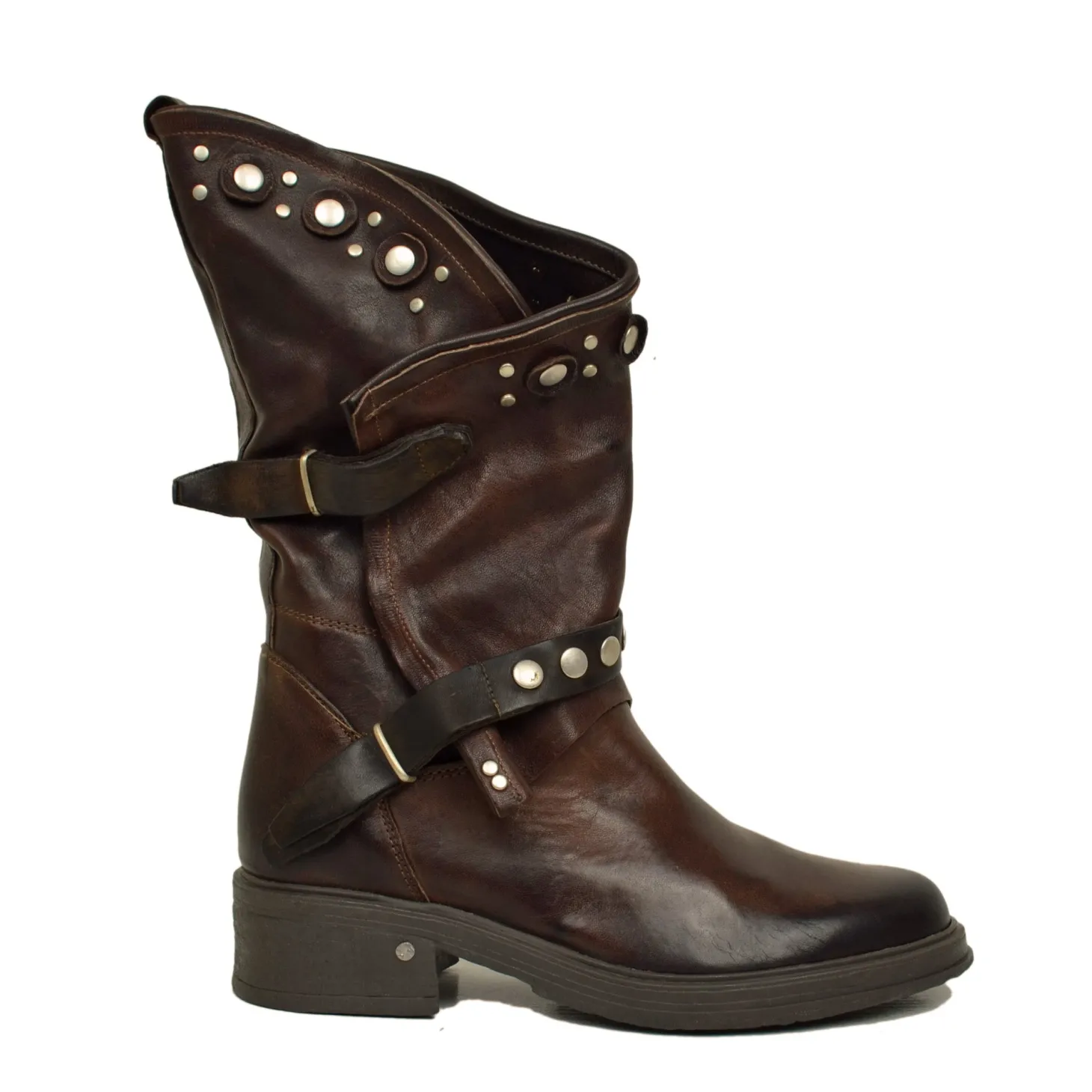 Women's Brown Leather Biker Boots with Studs and Zip Made in Italy