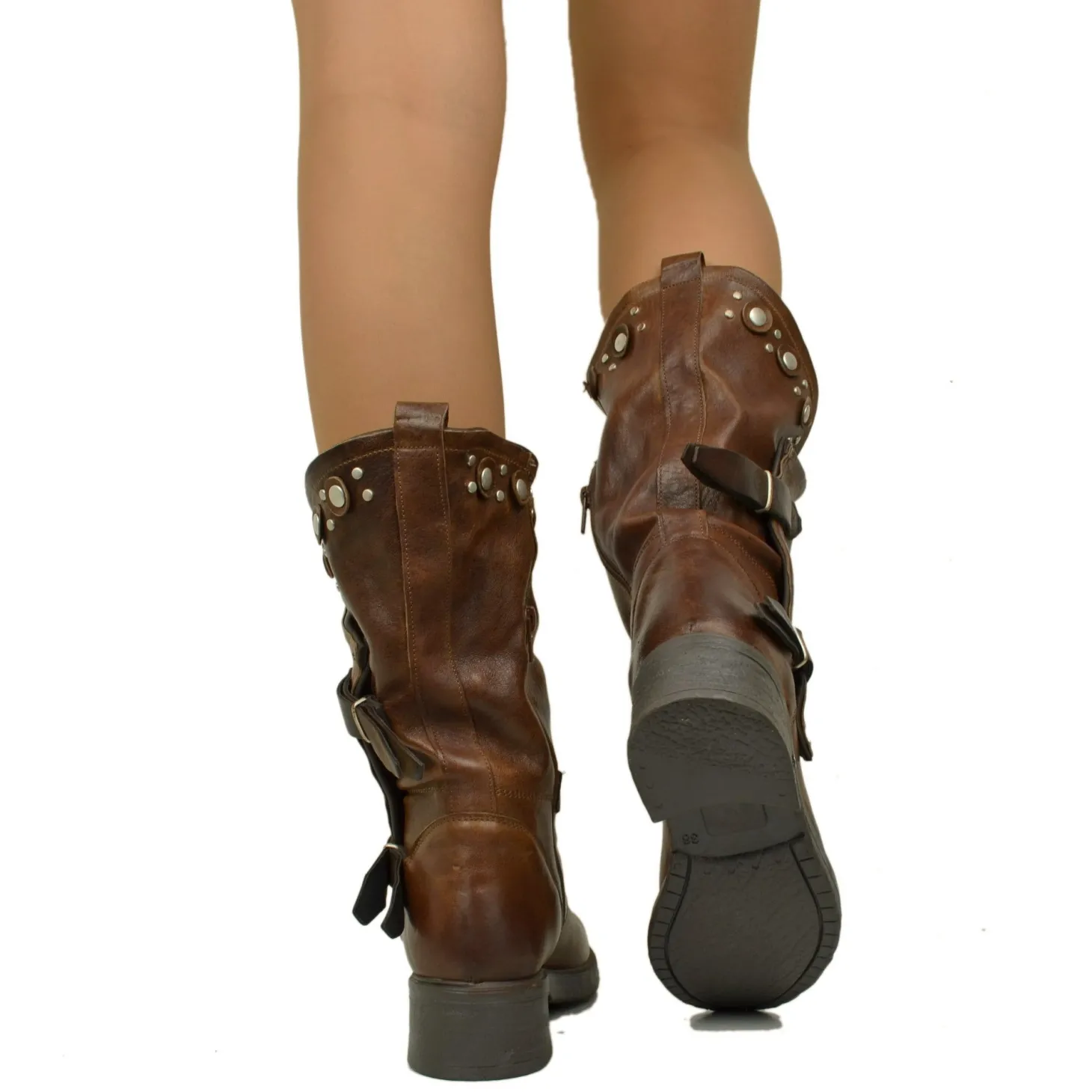 Women's Brown Leather Biker Boots with Studs and Zip Made in Italy
