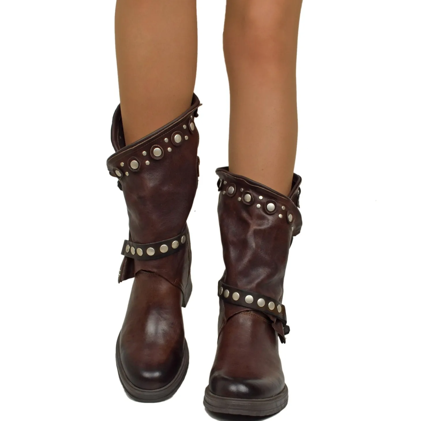 Women's Brown Leather Biker Boots with Studs and Zip Made in Italy