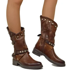 Women's Brown Leather Biker Boots with Studs and Zip Made in Italy