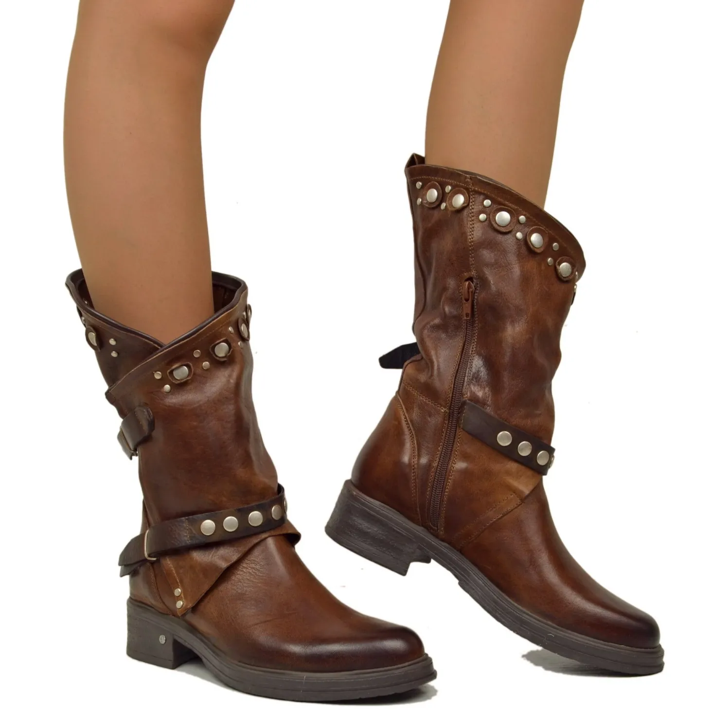 Women's Brown Leather Biker Boots with Studs and Zip Made in Italy