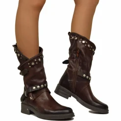 Women's Brown Leather Biker Boots with Studs and Zip Made in Italy