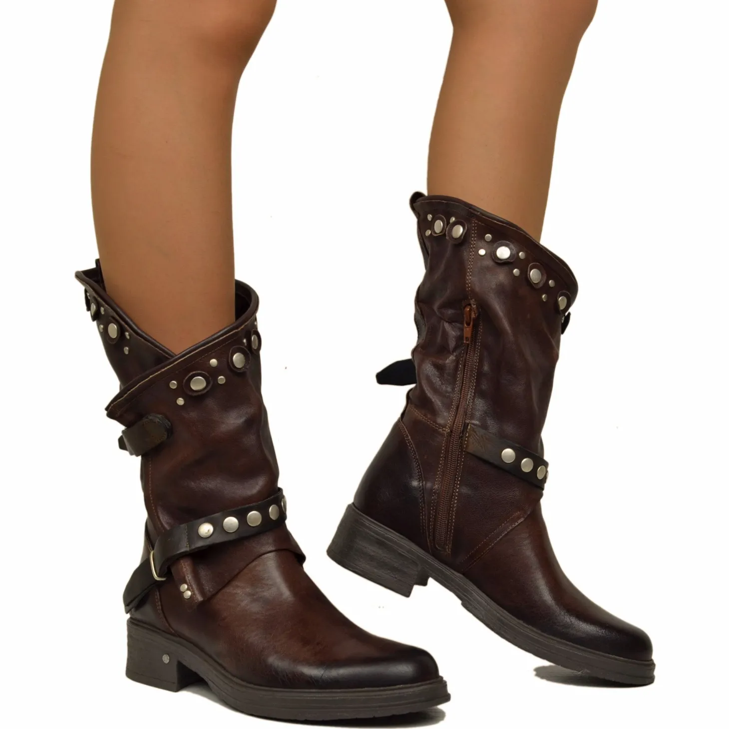 Women's Brown Leather Biker Boots with Studs and Zip Made in Italy