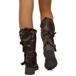 Women's Brown Leather Biker Boots with Studs and Zip Made in Italy