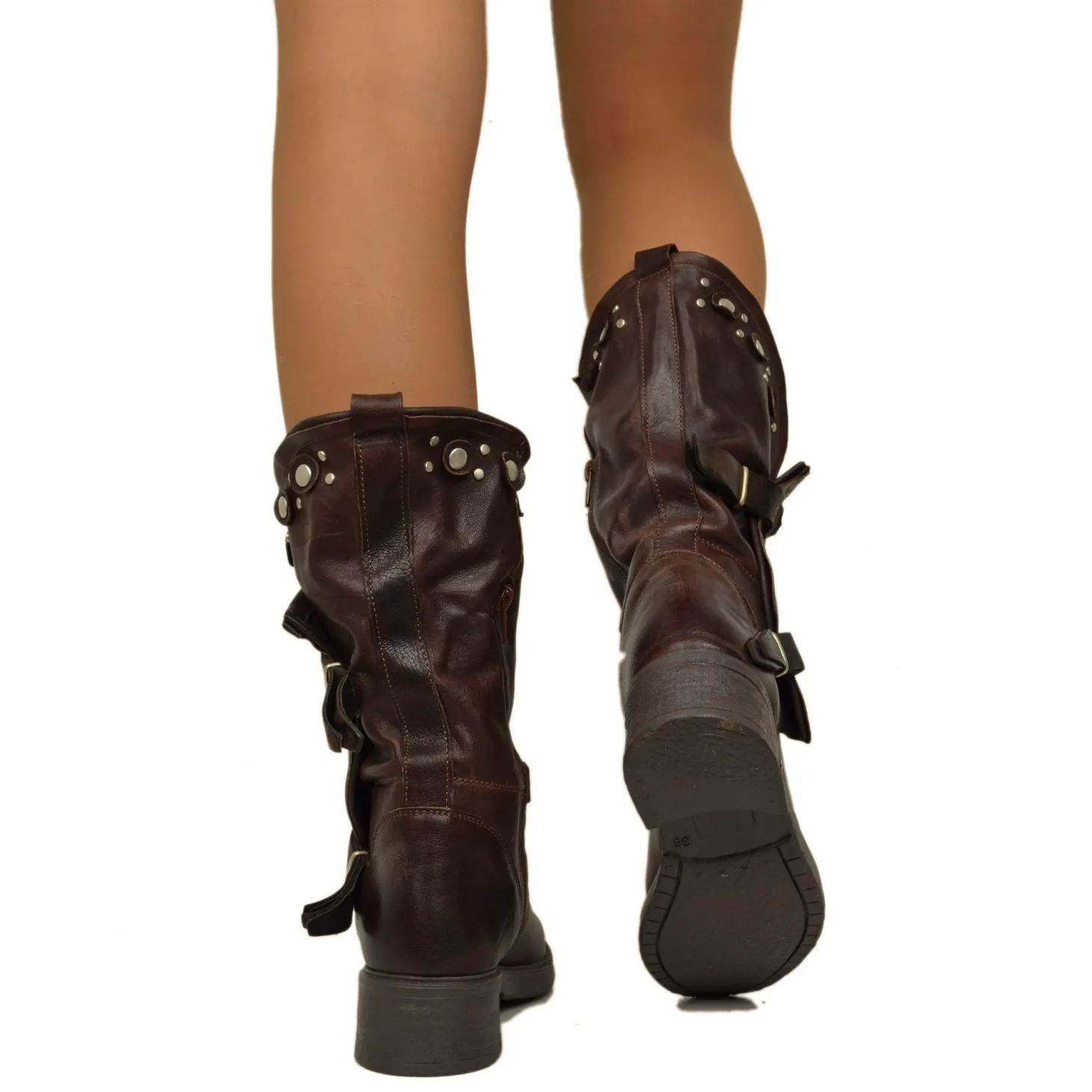 Women's Brown Leather Biker Boots with Studs and Zip Made in Italy