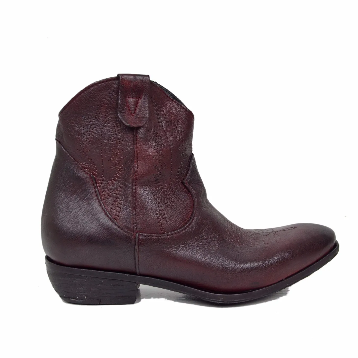 Women's Texan Ankle Boots in Burgundy Leather with Used Effect