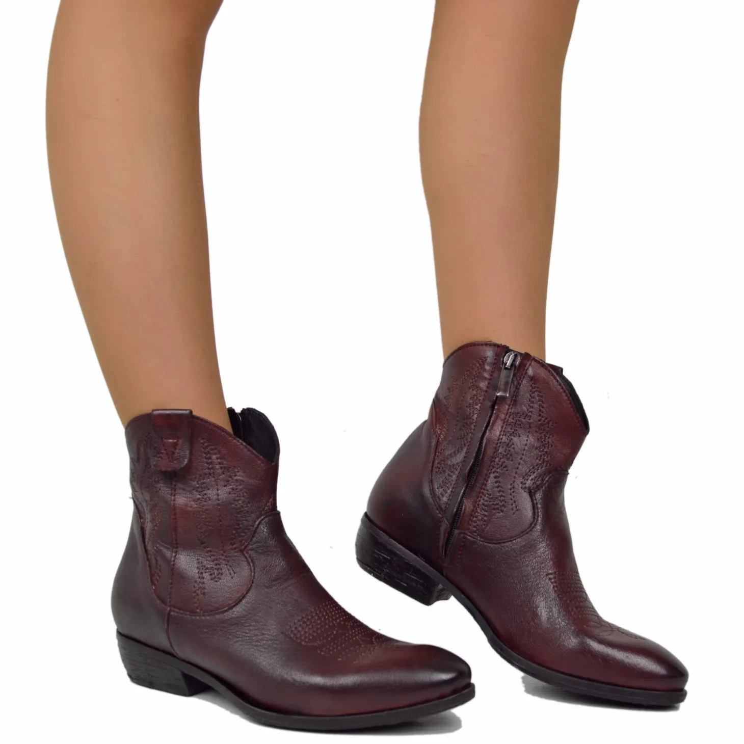 Women's Texan Ankle Boots in Burgundy Leather with Used Effect