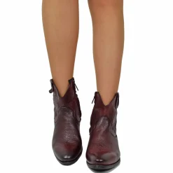Women's Texan Ankle Boots in Burgundy Leather with Used Effect
