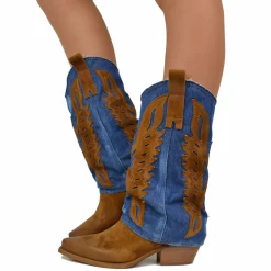 Women's Western Boots with Denim Gaiter and Suede Leather